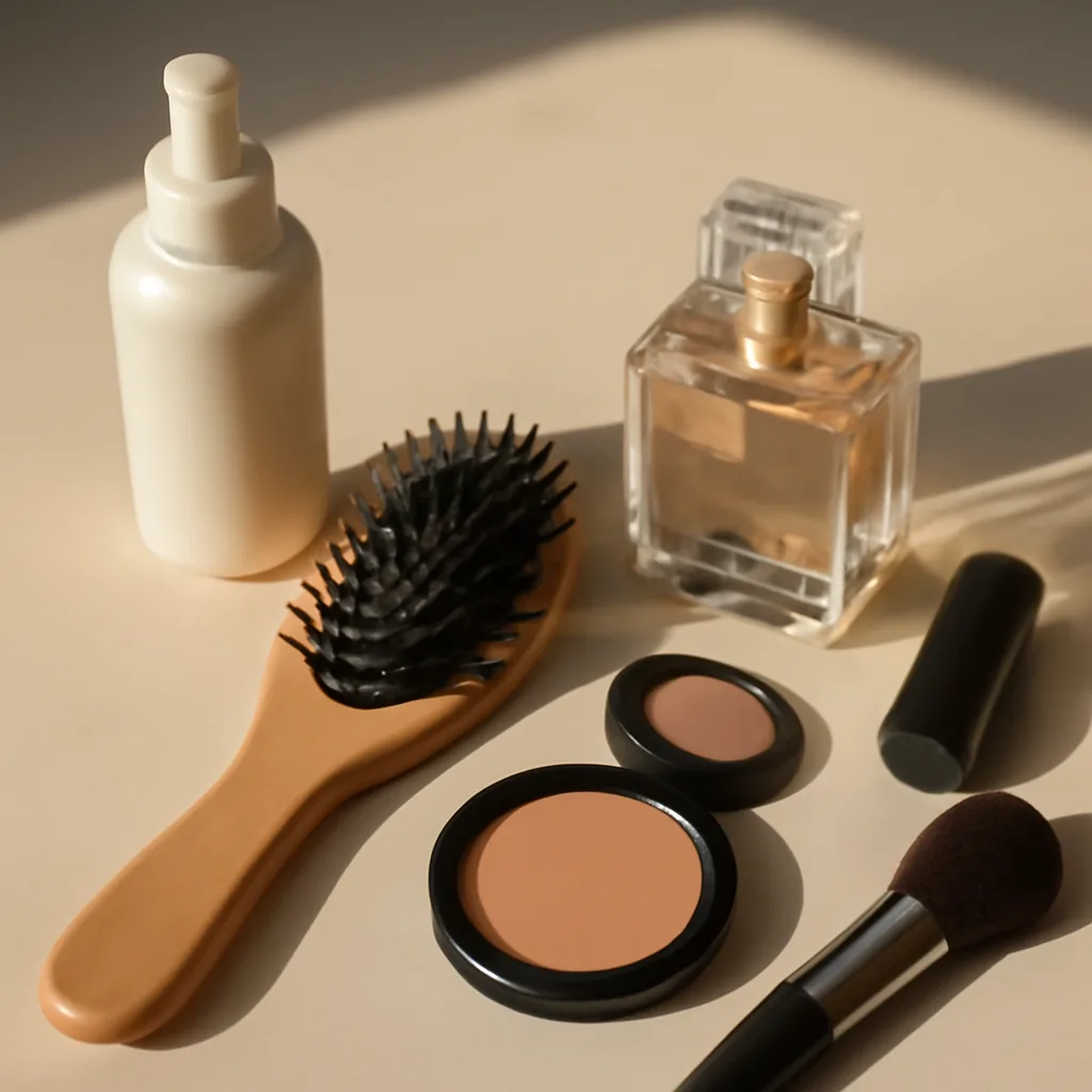 square real photo of hair care and makeup